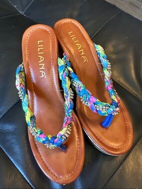 Liliana Brown Leather Sandals with Multicolor Braided Straps with Rhinestone